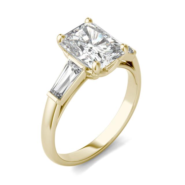 3.30 CTW DEW Radiant Forever One Moissanite Signature Three Stone Engagement Ring in 14K Yellow Gold