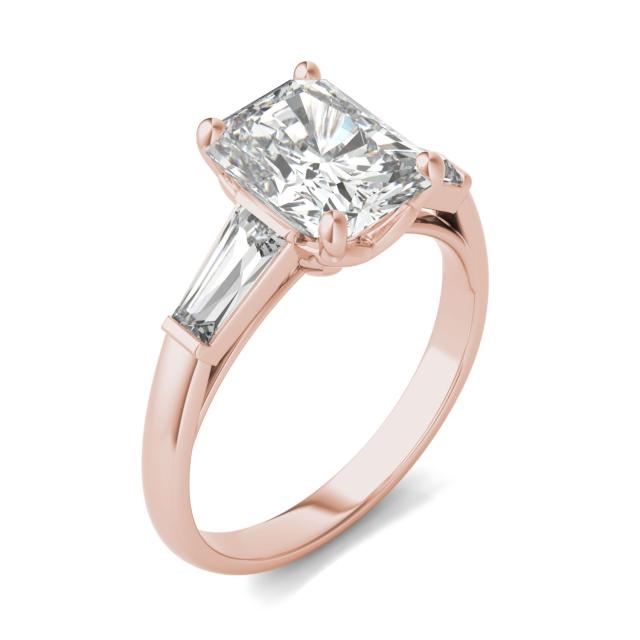 3.30 CTW DEW Radiant Forever One Moissanite Signature Three Stone Engagement Ring in 14K Rose Gold