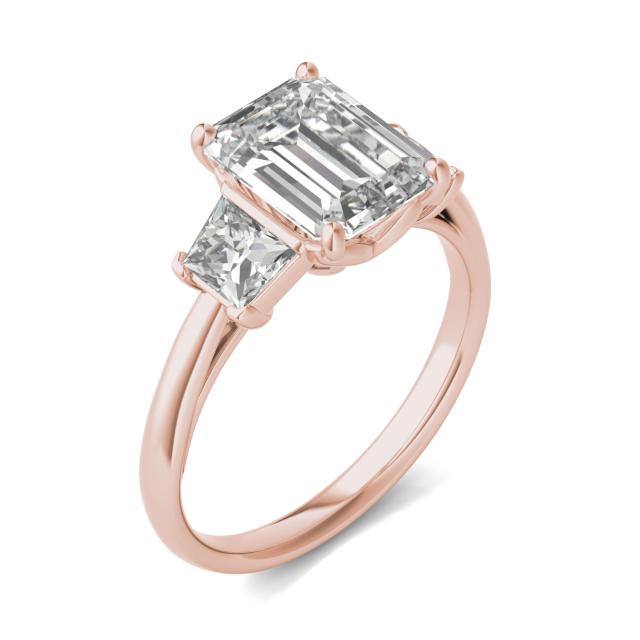 3.53 CTW DEW Emerald Forever One Moissanite Signature Three Stone Engagement Ring in 14K Rose Gold