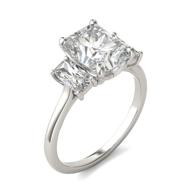 3.56 CTW DEW Radiant Forever One Moissanite Signature Three Stone Engagement Ring in 14K White Gold