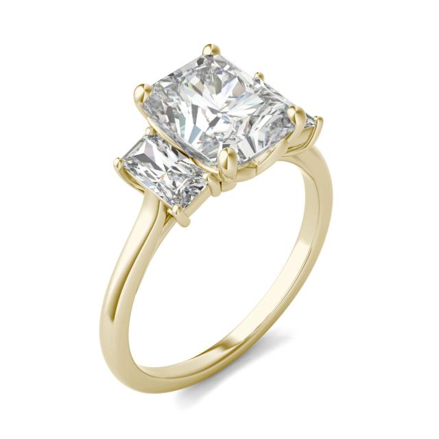 3.56 CTW DEW Radiant Forever One Moissanite Signature Three Stone Engagement Ring in 14K Yellow Gold