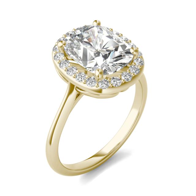 3.71 CTW DEW Elongated Cushion Forever One Moissanite Signature Halo Engagement Ring in 14K Yellow Gold