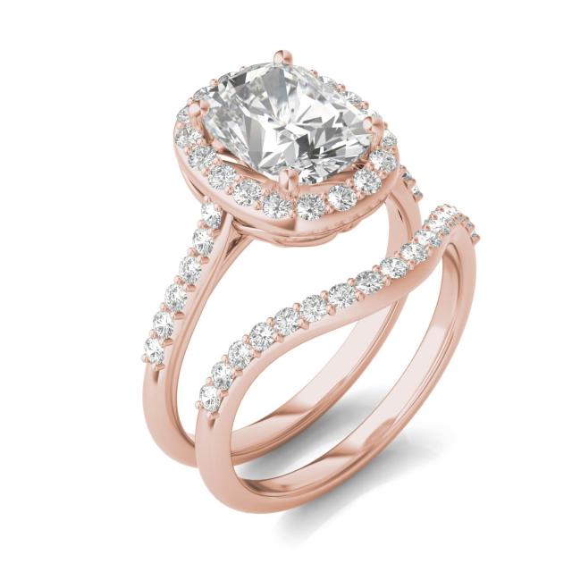 3.03 CTW DEW Elongated Cushion Forever One Moissanite Signature Halo with Side Accents Wedding Set in 14K Rose Gold