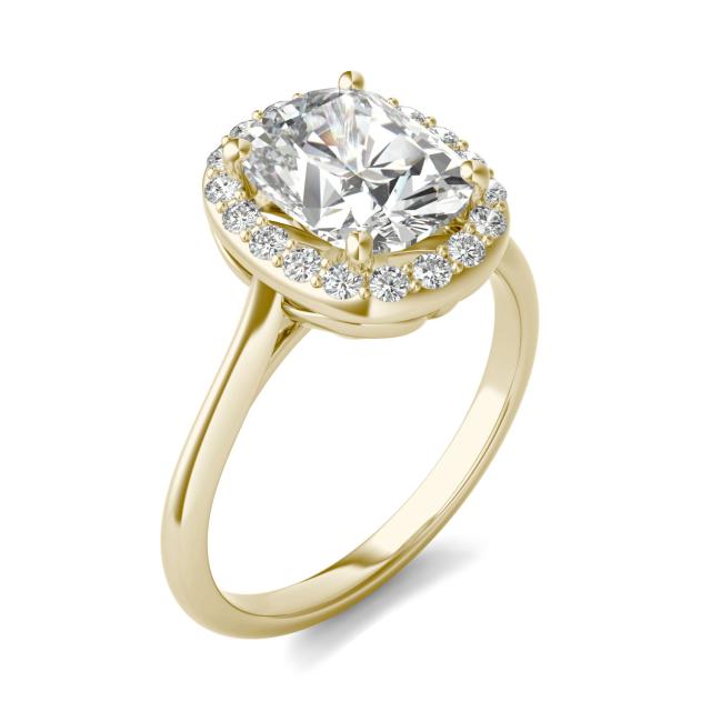 2.60 CTW DEW Elongated Cushion Forever One Moissanite Signature Halo Engagement Ring in 14K Yellow Gold