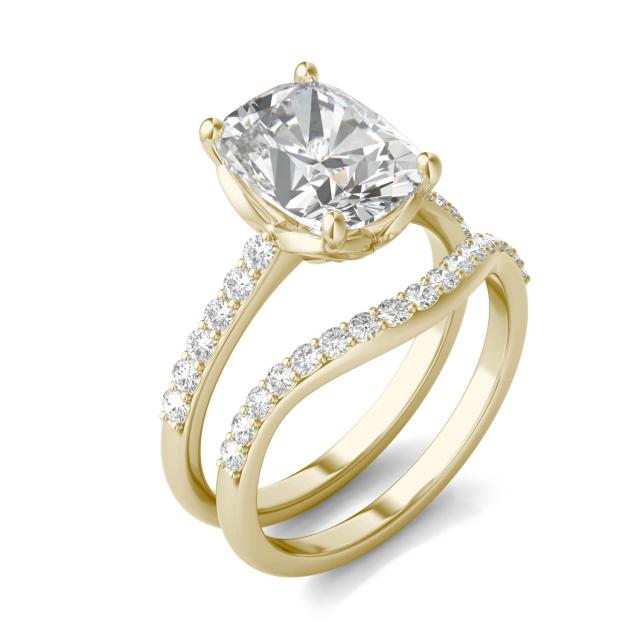 3.94 CTW DEW Elongated Cushion Forever One Moissanite Signature Side Stone Wedding Set in 14K Yellow Gold