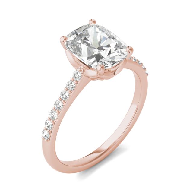 2.52 CTW DEW Elongated Cushion Forever One Moissanite Signature Side Stone Engagement Ring in 14K Rose Gold