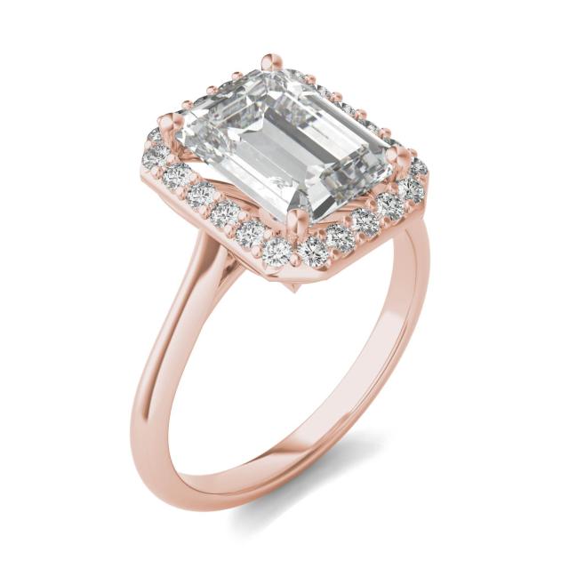 3.96 CTW DEW Emerald Forever One Moissanite Signature Halo Engagement Ring in 14K Rose Gold