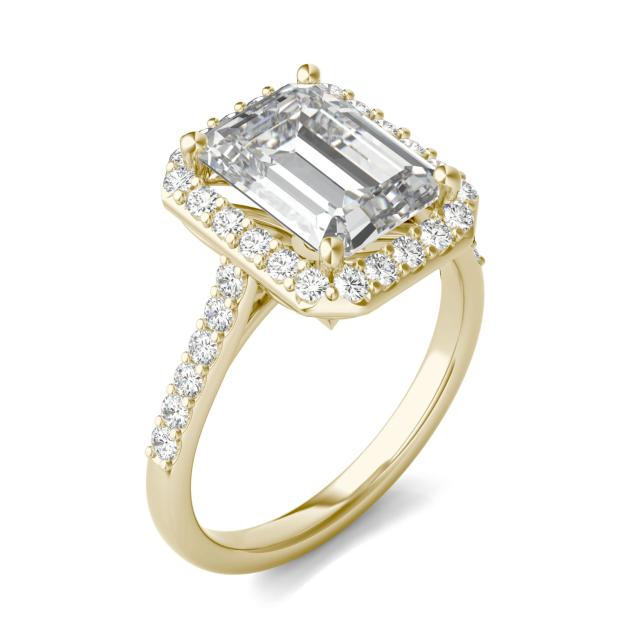 4.17 CTW DEW Emerald Forever One Moissanite Signature Halo with Side Accents Engagement Ring in 14K Yellow Gold