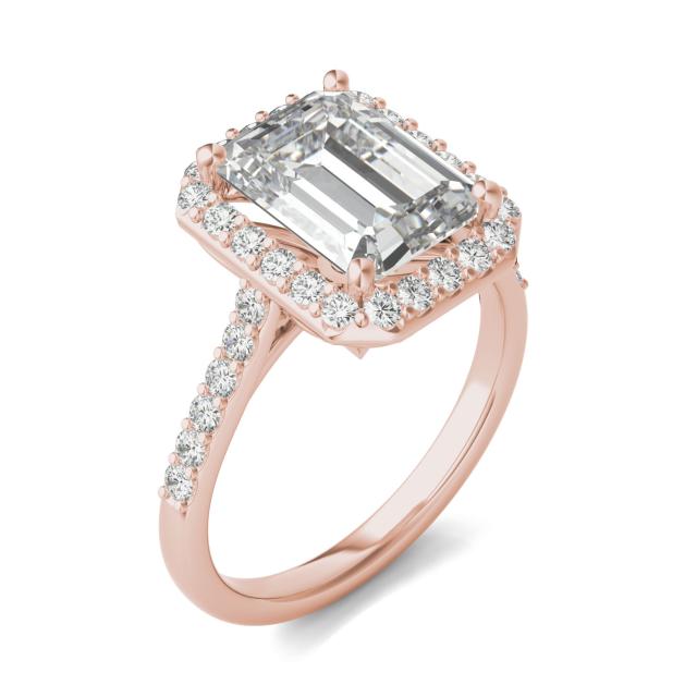 4.17 CTW DEW Emerald Forever One Moissanite Signature Halo with Side Accents Engagement Ring in 14K Rose Gold