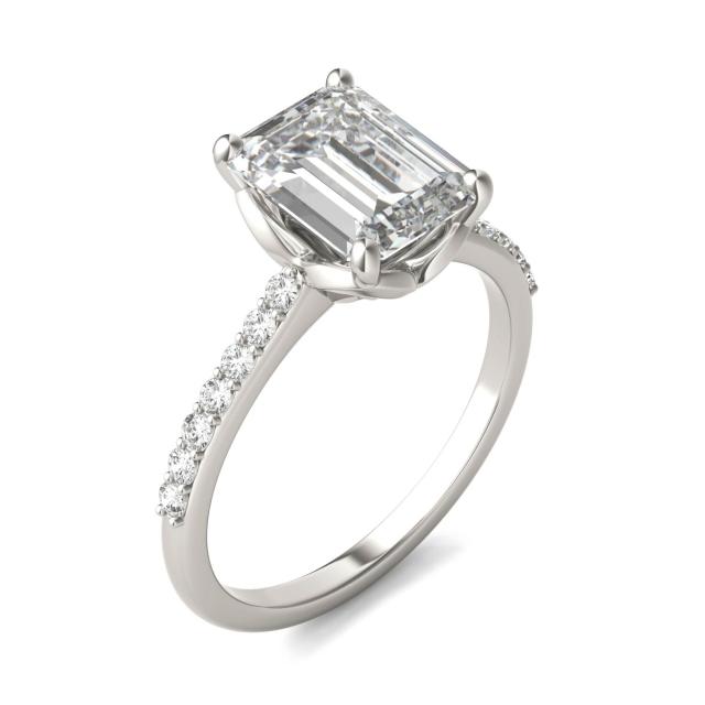 2.75 CTW DEW Emerald Forever One Moissanite Signature Solitaire with Side Accents Engagement Ring in 14K White Gold