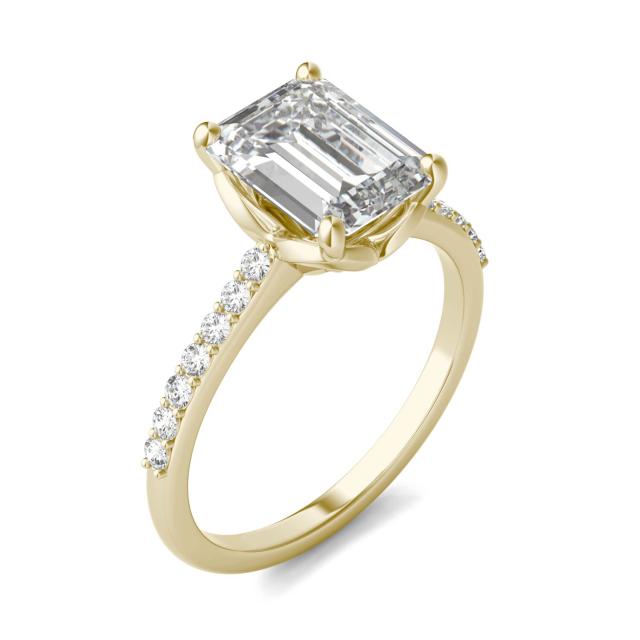 2.75 CTW DEW Emerald Forever One Moissanite Signature Solitaire with Side Accents Engagement Ring in 14K Yellow Gold