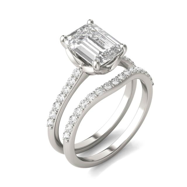 3.01 CTW DEW Emerald Forever One Moissanite Signature Solitaire with Side Accents Wedding Set in 14K White Gold