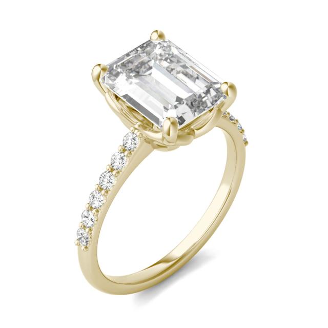 3.81 CTW DEW Emerald Forever One Moissanite Signature Solitaire with Side Accents Engagement Ring in 14K Yellow Gold