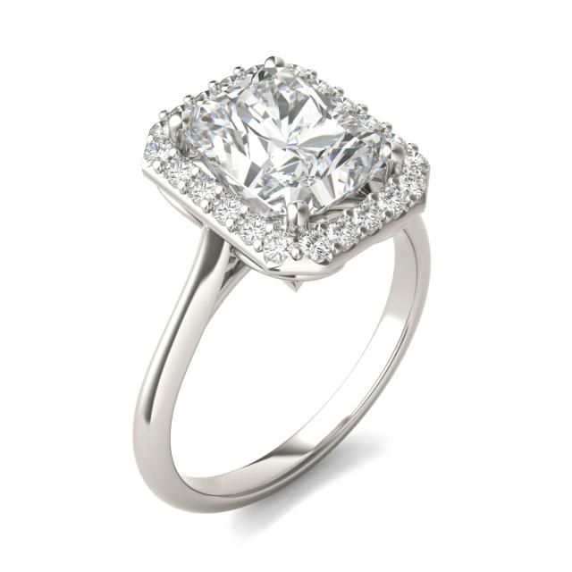 4.31 CTW DEW Radiant Forever One Moissanite Signature Halo Engagement Ring in 14K White Gold