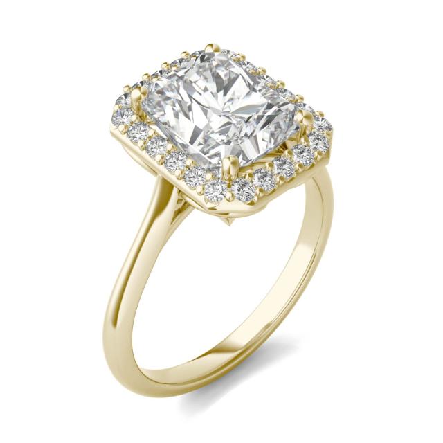 4.31 CTW DEW Radiant Forever One Moissanite Signature Halo Engagement Ring in 14K Yellow Gold