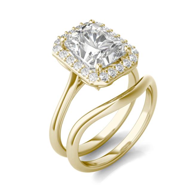 4.31 CTW DEW Radiant Forever One Moissanite Signature Halo Wedding Set in 14K Yellow Gold
