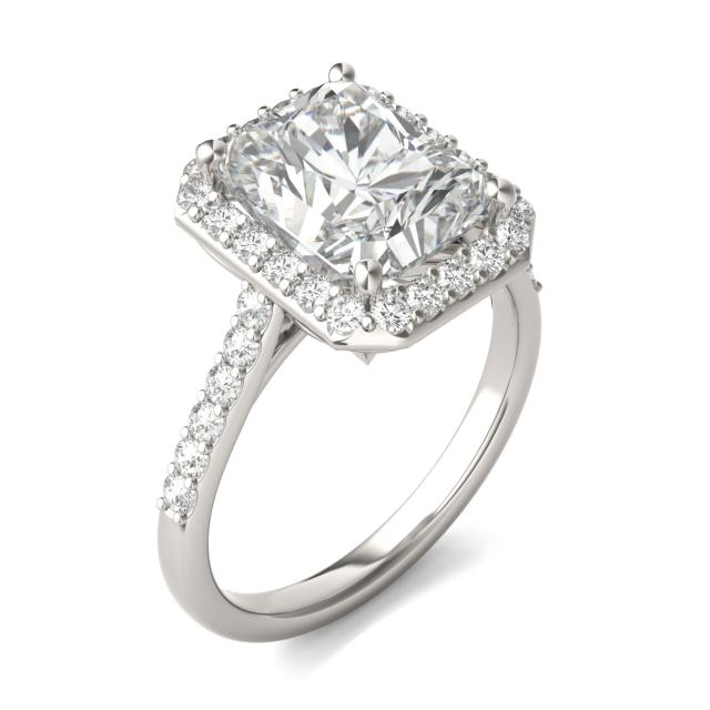 4.52 CTW DEW Radiant Forever One Moissanite Signature Halo with Side Accents Engagement Ring in 14K White Gold
