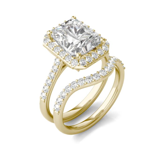 4.82 CTW DEW Radiant Forever One Moissanite Signature Halo with Side Accents Wedding Set in 14K Yellow Gold