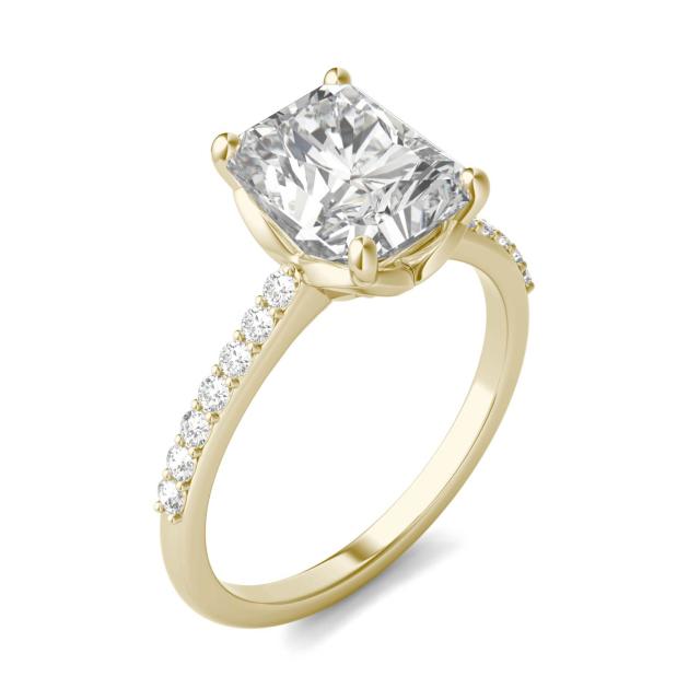 2.93 CTW DEW Radiant Forever One Moissanite Signature Solitaire with Side Accents Engagement Ring in 14K Yellow Gold