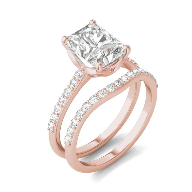 3.19 CTW DEW Radiant Forever One Moissanite Signature Solitaire with Side Accents Wedding Set in 14K Rose Gold