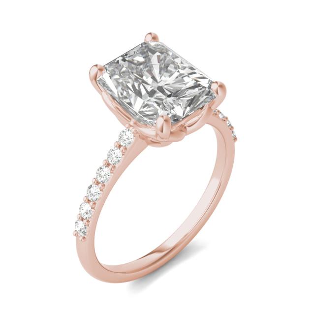 4.16 CTW DEW Radiant Forever One Moissanite Signature Solitaire with Side Accents Engagement Ring in 14K Rose Gold