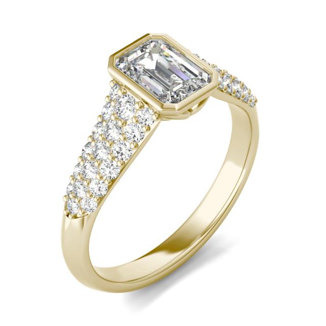 1 1/2 CTW Emerald Caydia Lab Grown Diamond Signature Bezel Pave Engagement Ring 18K Yellow Gold