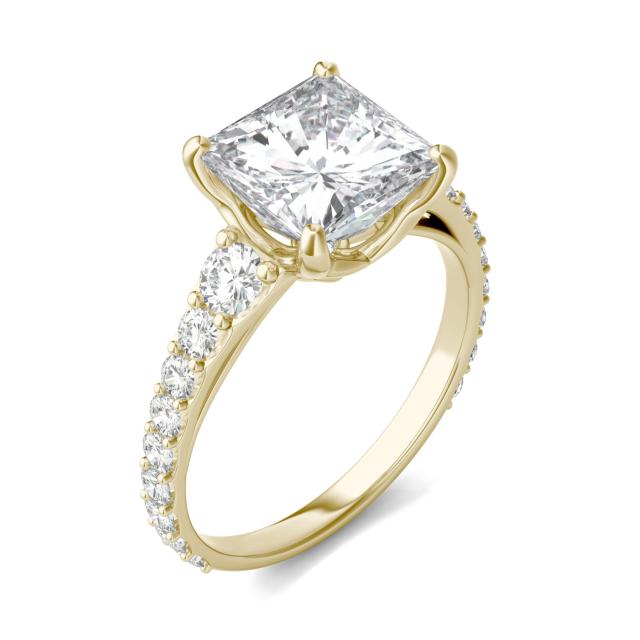 3.44 CTW DEW Princess Forever One Moissanite Signature Graduated Side Stone Engagement Ring 14K Yellow Gold