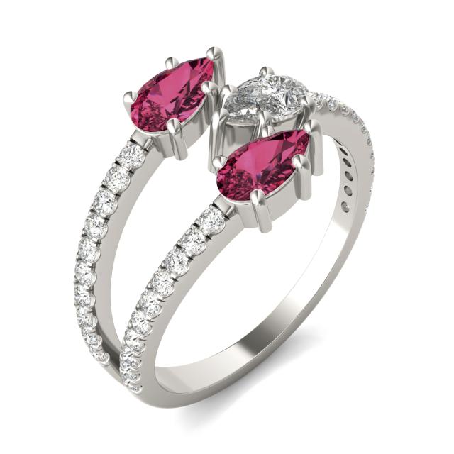 3/4 CTW Pear Caydia Lab Grown Diamond Couture Three Stone Fashion Ring 14K White Gold featuring Created Ruby