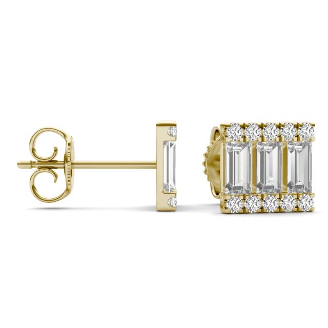 1 CTW Straight Baguette Three Row Stud Earrings 14K Yellow Gold