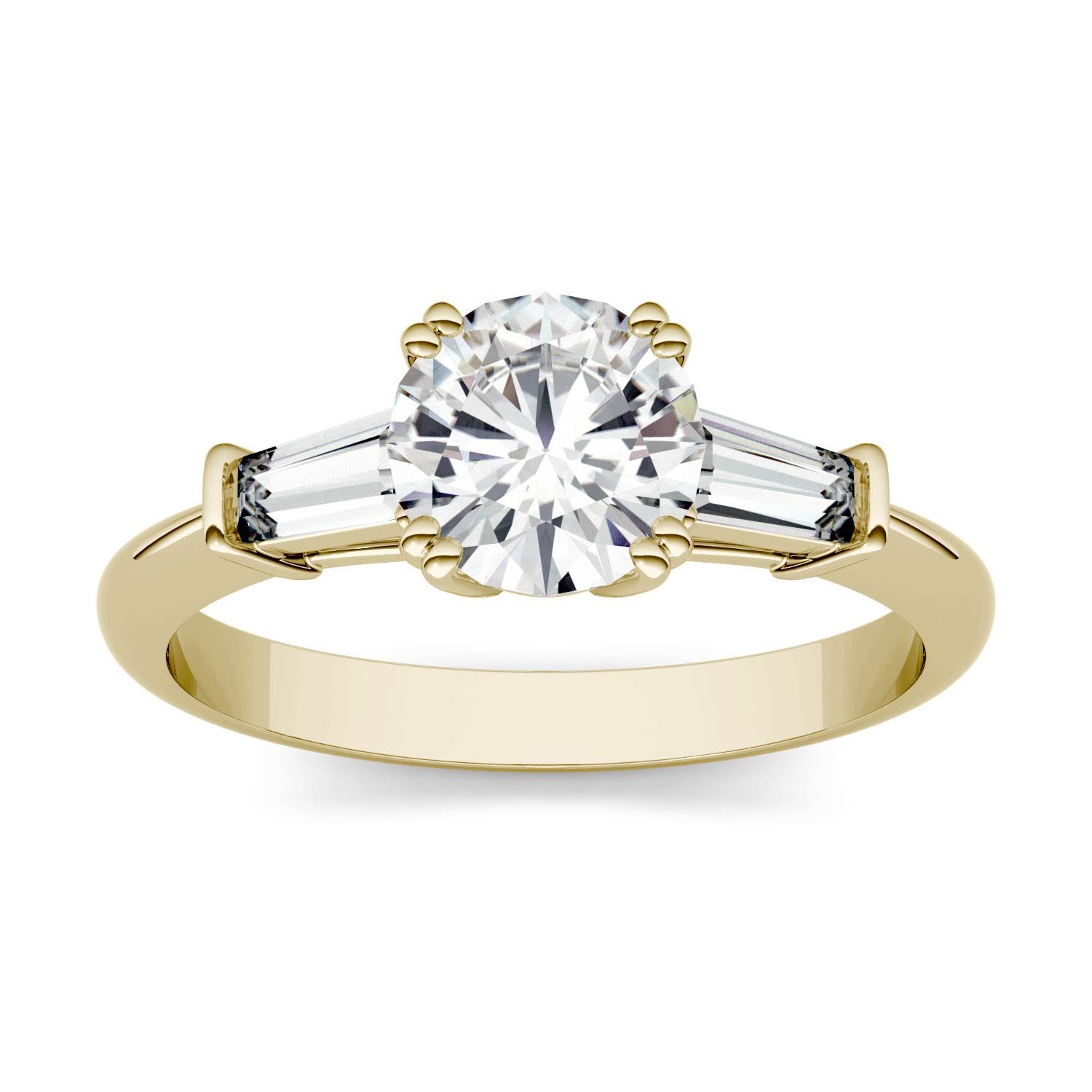 1.41 CTW DEW Round Forever One Moissanite Step Cut Baguette Side Accent Three  Stone Engagement Ring in 14K Yellow Gold Charles  Colvard