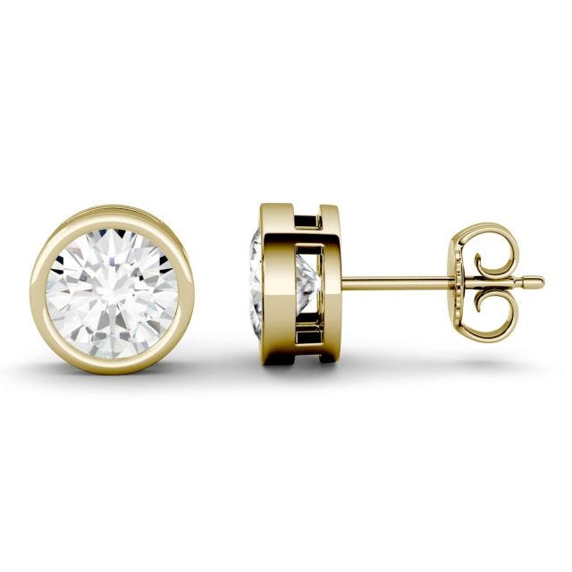 2.00 CTW DEW Round Forever One Moissanite Bezel Set Solitaire Stud Earrings in 14K Yellow Gold