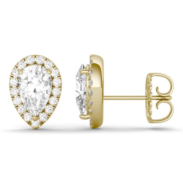 2.220 CTW DEW Pear Forever One Moissanite Halo Stud Earrings 14K Yellow Gold