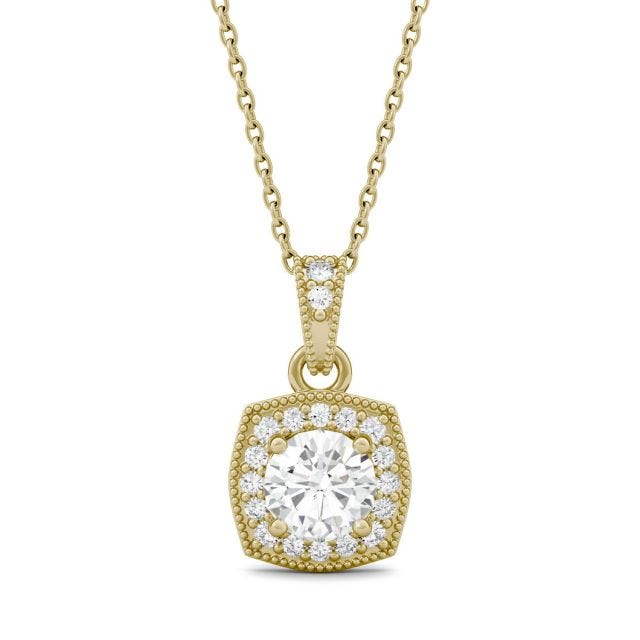 0.74 CTW DEW Round Forever One Moissanite Milgrain Halo Necklace in 14K Yellow Gold