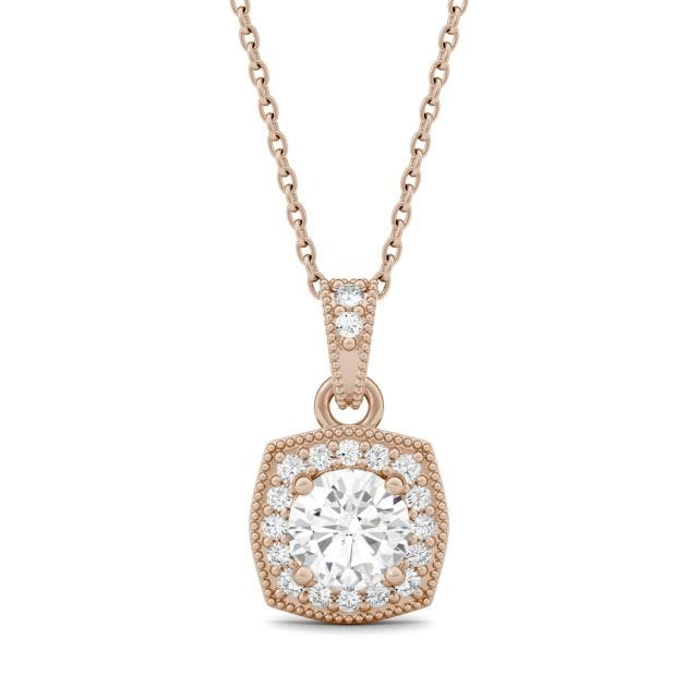 0.74 CTW DEW Round Forever One Moissanite Milgrain Halo Necklace in 14K Rose Gold