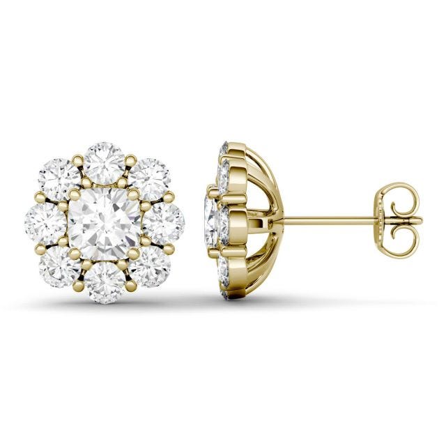 **Special Order - 3.20 CTW DEW Cushion Forever One Moissanite Floral Stud Earrings in 14K Yellow Gold
