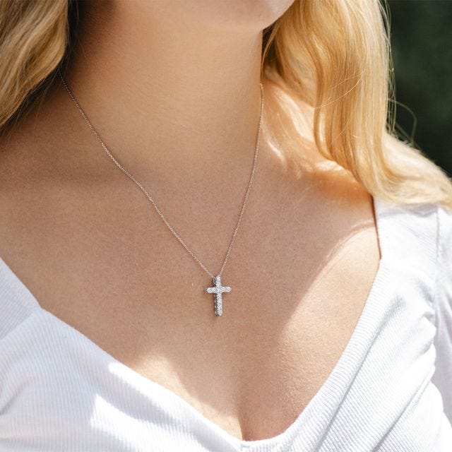 1.10 CTW DEW Round Forever One Moissanite Cross Necklace in 14K White Gold