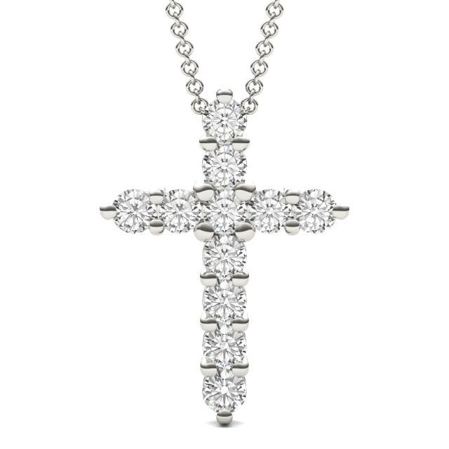 1.10 CTW DEW Round Forever One Moissanite Cross Necklace in 14K White Gold