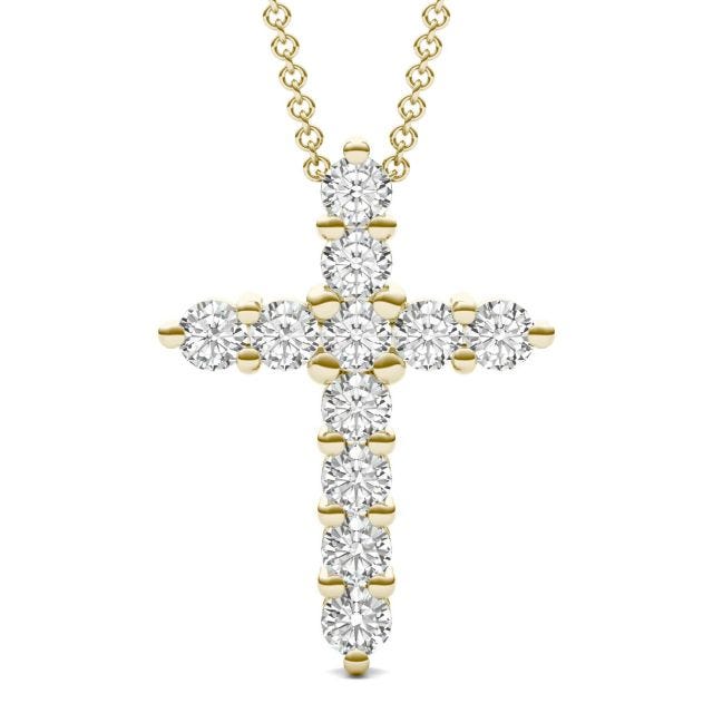 1.10 CTW DEW Round Forever One Moissanite Cross Necklace in 14K Yellow Gold