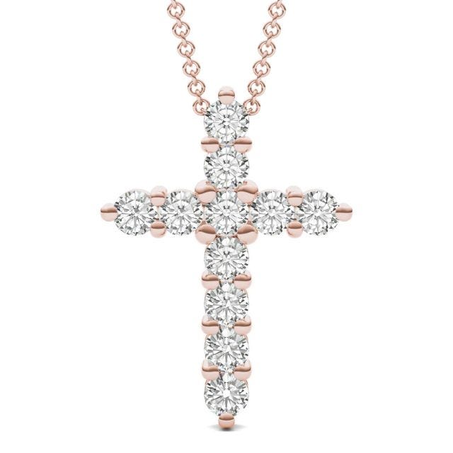 1.10 CTW DEW Round Forever One Moissanite Cross Necklace in 14K Rose Gold
