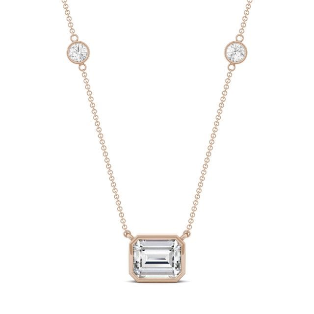 4.01 CTW DEW Emerald Forever One Moissanite East-West Solitaire with Side Accents Necklace in 14K Rose Gold