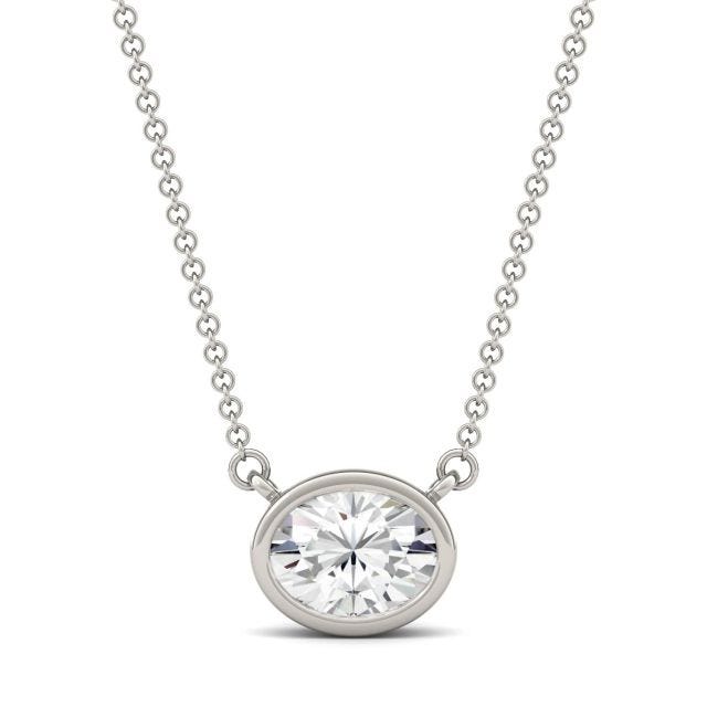 1.50 CTW DEW Oval Forever One Moissanite East-West Bezel Necklace in 14K White Gold