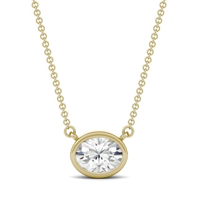 1.50 CTW DEW Oval Forever One Moissanite East-West Bezel Necklace in 14K Yellow Gold