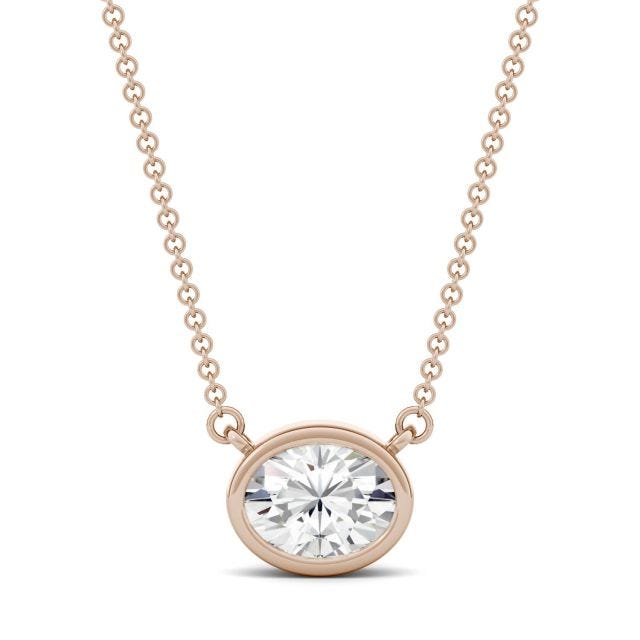 1.50 CTW DEW Oval Forever One Moissanite East-West Bezel Necklace in 14K Rose Gold