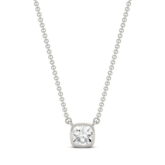 0.60 CTW DEW Cushion Forever One Moissanite Bezel Solitaire Necklace in 14K White Gold