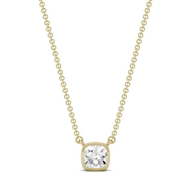 0.60 CTW DEW Cushion Forever One Moissanite Bezel Solitaire Necklace in 14K Yellow Gold