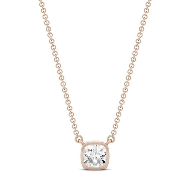 0.60 CTW DEW Cushion Forever One Moissanite Bezel Solitaire Necklace in 14K Rose Gold