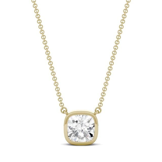 1.70 CTW DEW Cushion Forever One Moissanite Bezel Solitaire Necklace in 14K Yellow Gold