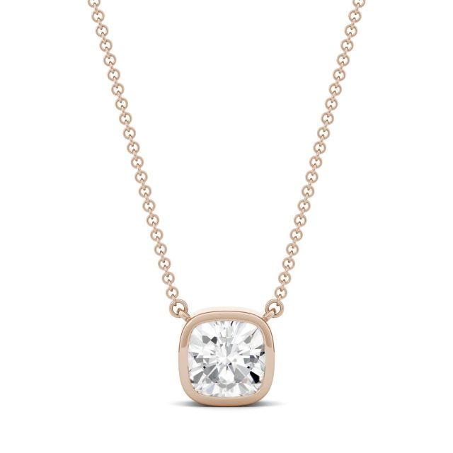 1.70 CTW DEW Cushion Forever One Moissanite Bezel Solitaire Necklace in 14K Rose Gold