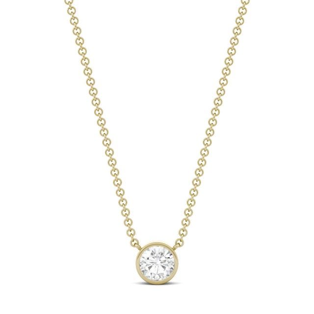 0.33 CTW DEW Round Forever One Moissanite Bezel Solitaire Necklace in 14K Yellow Gold