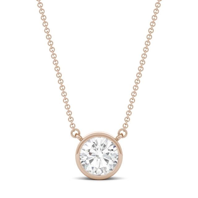 1.90 CTW DEW Round Forever One Moissanite Bezel Solitaire Necklace in 14K Rose Gold